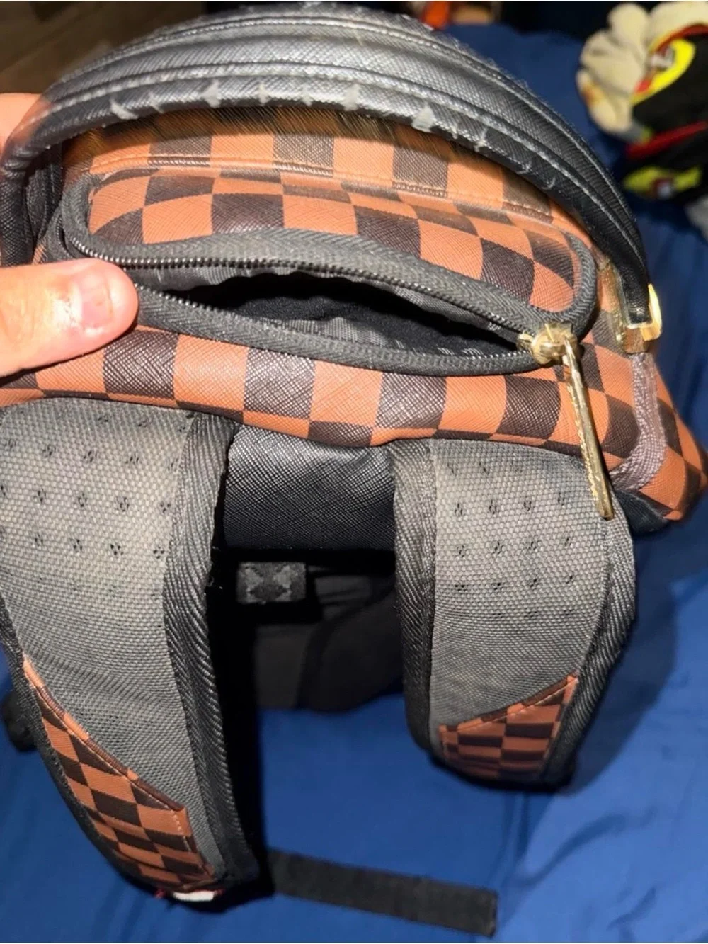 Sprayground Brown Checkered Shark Mouth Backpack with Red Accents